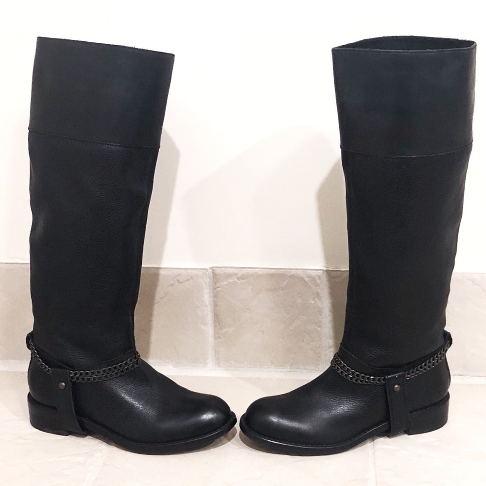 DONNA KARAN DKNY tall leather black pull on moto boots black chain accent